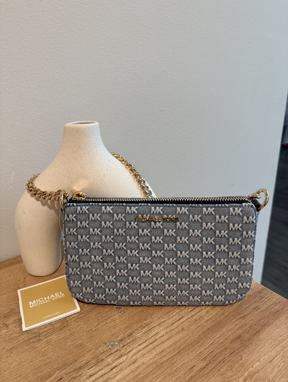 Michael Kors Blue/White Signature Canvas Bag  with Gold Chain